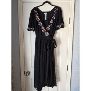 Tommy Bahama L Maxi Wrap Embroidered Tropical Beach Resort Coverup Black Dress